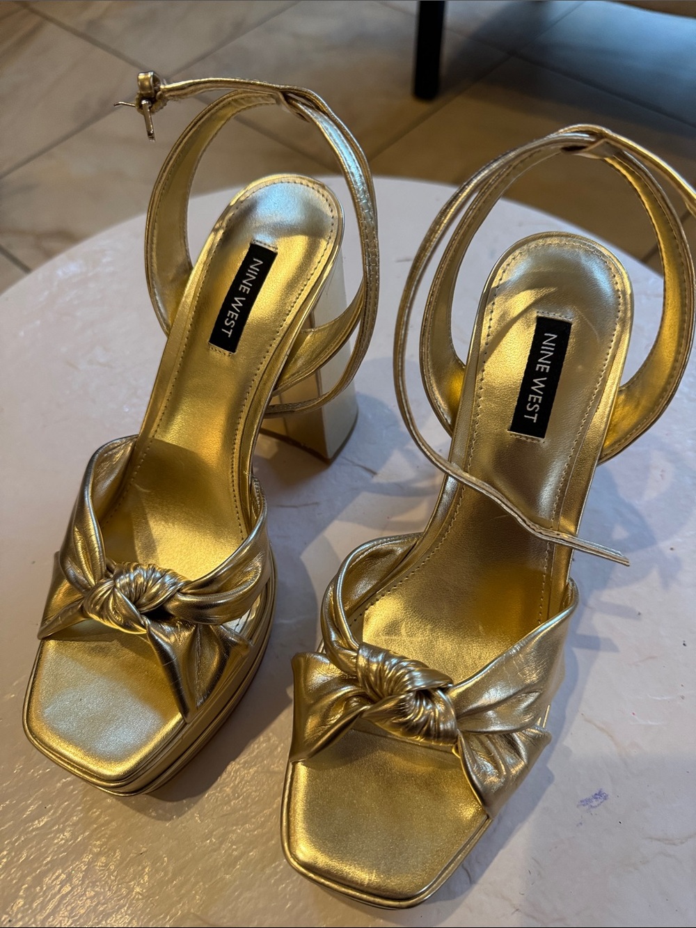Nine West Metallic Gold Knotted Block Heel Sandals